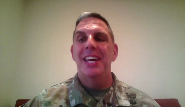 Col. Paul Gresens, outgoing commander of Training Support Command, Military Intelligence Readiness Command, gives his remarks during the virtual change of command ceremony of Training Support Command, August 2, 2020. (U.S. Army Reserve screenshot...