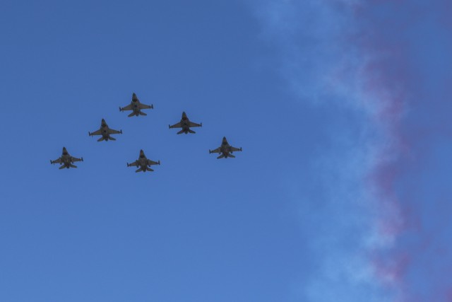 U.S. Air Force F-16s fly overhead during events commemorating the 100th anniversary of the Battle of Warsaw and Armed Forces Day in Warsaw, Poland, Aug. 15, 2020. The ceremonies recognized the skill, determination, and hard-fought victory of the Polish defenders in its decisive battle a century ago. (U.S. Army photo by Cpl. Justin W. Stafford)
