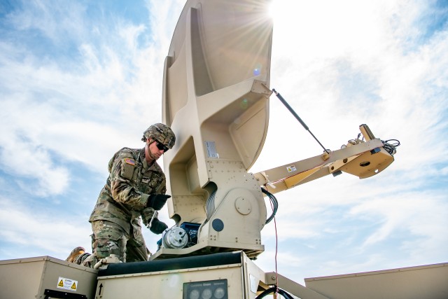 Pfc. Jacob Murray, a satellite communication systems operator assigned to 258th Network Support Company, 100th Brigade Support Battalion, 75th Field Artillery Brigade, Fort Sill, OK, prepares the Satellite Transmission Terminal (STT) during the battalion’s field training exercise, September 8, 2019 on Fort Sill. The Army’s Protected SATCOM effort is focused on protecting Soldier-to-Soldier communications on the tactical battlefield from friendly and adversarial interference.