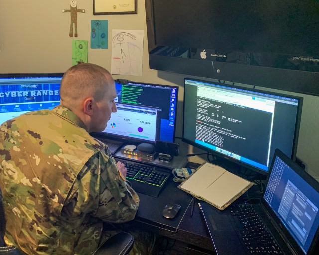 U.S. Army Reserve Maj. Jared Hrabak, a cyber officer with Cyber Protection Team 185 uses a common network scanning tool “masscan” to enumerate a network.  during his unit’s Virtual Battle Assembly Aug. 9, 2020. Hrabak like many Army Reserve Cyber Soldiers works in the information technology industry as a cybersecurity engineer as a civilian bringing those skills to the Department of Defense. (Courtesy photo)