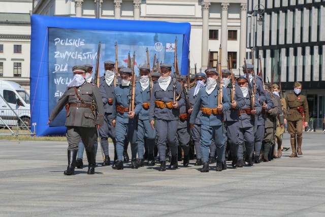 A Polish army reenactment group marches during events commemorating the 100th anniversary of the Battle of Warsaw and Armed Forces Day in Warsaw, Poland, Aug. 15, 2020. The ceremonies recognized the skill, determination, and hard-fought victory of the Polish defenders in its decisive battle a century ago. (U.S. Army photo by Cpl. Justin W. Stafford)
