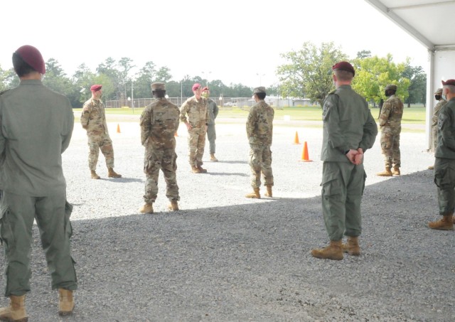 Brig. Gen. Patrick D. Frank, Joint Readiness Training Center and Fort Polk commanding general, (center) thanks the Soldiers from the 32nd Hospital Center and 1st Battalion (Airborne), 509th Infantry Regiment, Aug. 7 at the North Fort screening...