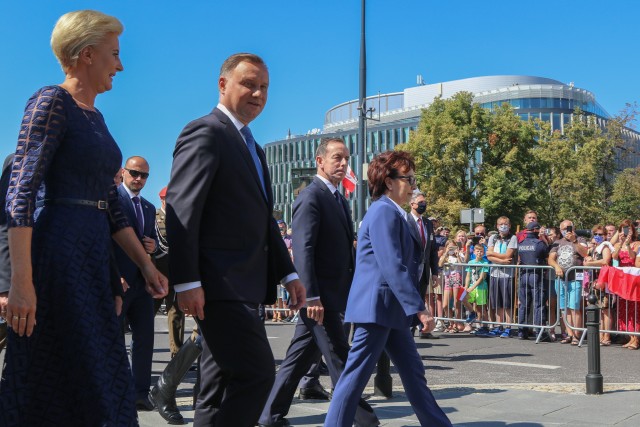 Andrzej Duda, the president of Poland, walks to a wreath laying ceremony at the Battle of Warsaw commemoration and Armed Forces Day celebration in Warsaw, Poland, Aug. 15, 2020. The ceremonies recognized the skill, determination, and hard-fought victory of the Polish defenders in its decisive battle a century ago. (U.S. Army photo by Cpl. Justin W. Stafford)
