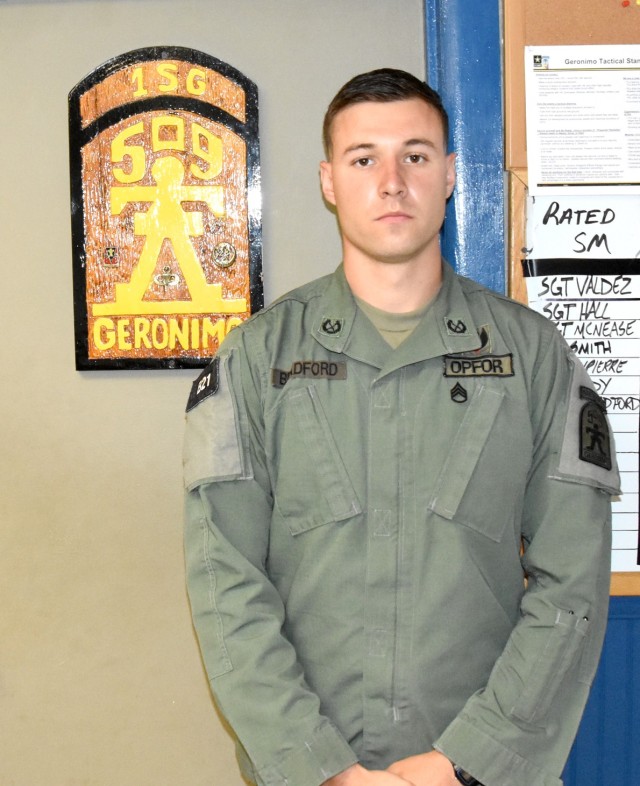 Staff Sgt. Troy Bradford, Baker Company, 1st Battalion, 509th Infantry Regiment (Airborne) Geronimos, Joint Readiness Training Center and Fort Polk, was recently commended by Col. Ryan B. Wylie, commander, 198th Infantry Brigade One Station...
