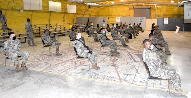 Rotational Soldiers with the 2nd Brigade Combat Team, 101st Airborne Division (Air Assault) receive a brief from Joint Readiness Training Center Operations Group personnel on COVID-19 protocols and mitigation efforts to observe during JRTC...