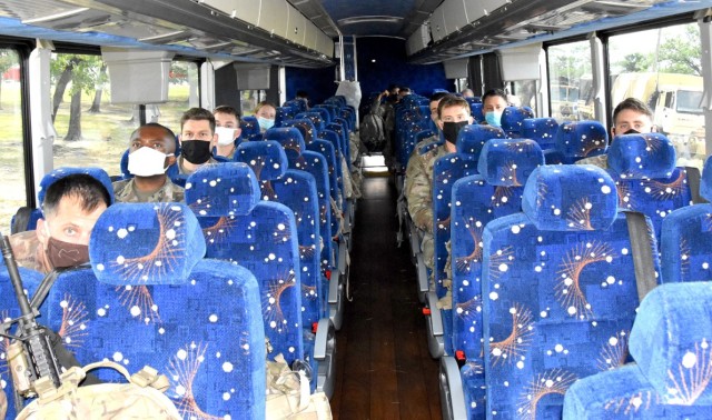 Rotational Soldiers with the 2nd Brigade Combat Team, 101st Airborne Division (Air Assault) arrive at the Joint Readiness Training Center and Fort Polk Aug. 12 after a bus ride from Fort Campbell, Ky., for Rotation 20-09, maintaining Covid-19...