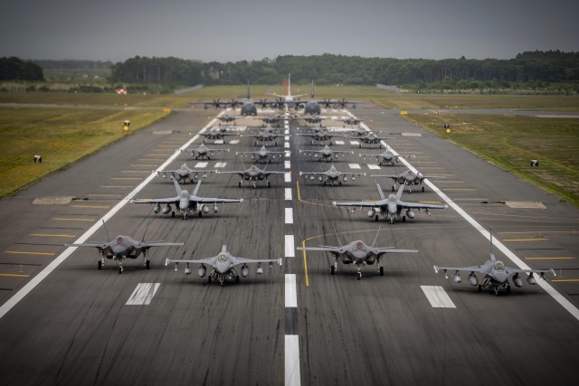 Twelve U.S. Air Force F-16CM Fighting Falcons, 12 Koku-Jieitai F-35A Lightning II Joint Strike Fighters, two U.S. Navy EA-18G Growlers, a USN C-12 Huron, two USAF MC-130J Commando II aircraft, and a USN P-8 Poseidon participate in an “Elephant Walk” at Misawa Air Base, June 22, 2020. The Elephant Walk showcased Misawa Air Base’s collective readiness and ability to generate combat airpower at a moment&#39;s notice to ensure regional stability throughout the Indo-Pacific. This was Misawa Air Base’s first time hosting a bilateral and joint Elephant Walk. 