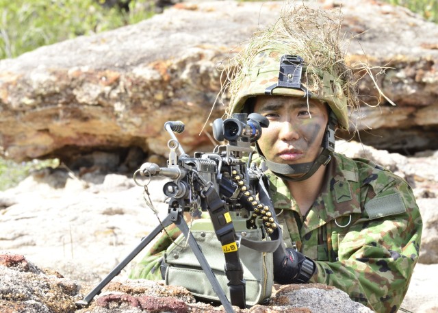 Staff Sgt. Itsuya Yamada, 9th Company, 3rd Battalion, 1st Airborne Brigade, Japan guards his unit during Exercise Talisman Saber at Shoalwater Bay Training Area, Queensland, Australia, July 14, 2017. Japan is one of five nations participating in this exercise with Australia, America, Canada and New Zealand. 