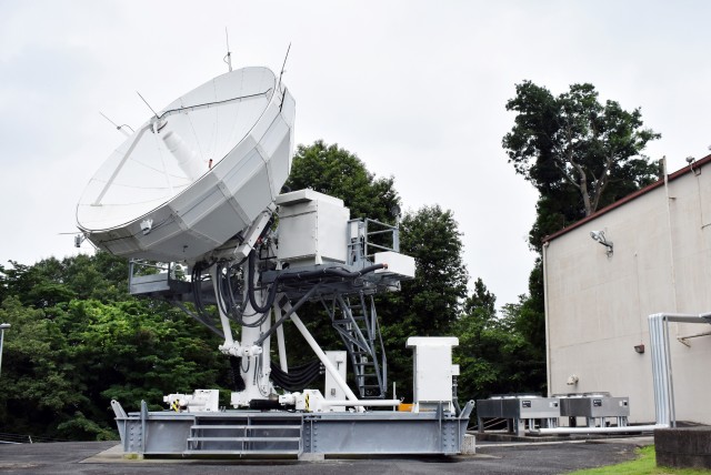 The 374th Communications Squadron’s Operating Location C’s AN/GSC-52B satellite communications terminal stands outside Building 771 at Camp Zama, Japan, July 24.