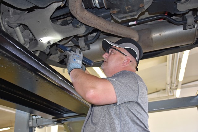 David Mozisek, automotive inspector with 405th Army Field Support Brigade, checks a car for deficiencies Aug. 5, 2020 at Vehicle Inspection on Mainz-Kastel Station, to make sure it is safe to operate.