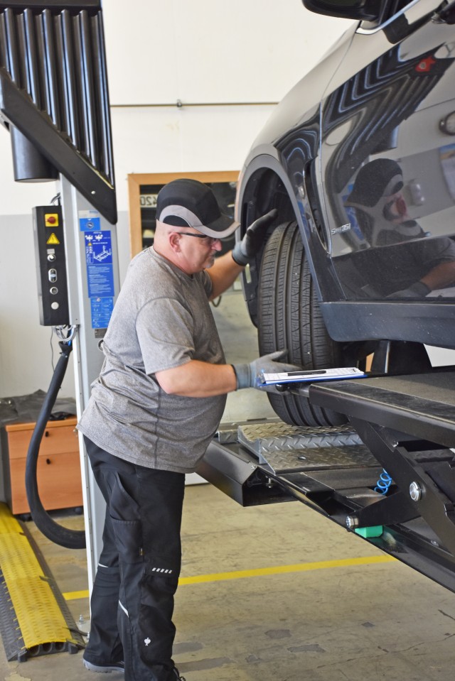 David Mozisek, automotive inspector with 405th Army Field Support Brigade, checks a car for deficiencies Aug. 5, 2020 at Vehicle Inspection on Mainz-Kastel Station, to make sure it is safe to operate.