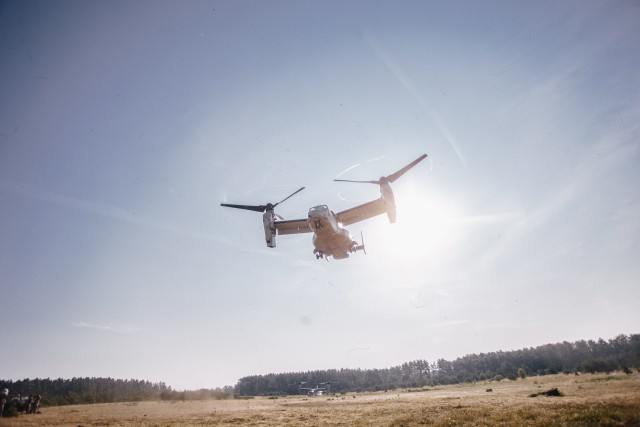 U.S. Army paratroopers assigned to 1st Squadron, 91st Cavalry Regiment, 173rd Airborne Brigade fly in a V-22 Osprey from Grafenwoehr Training Area, Germany to Hohenfels Training Area, Aug. 10, 2020 in preparation for Exercise Saber Junction 20.
...