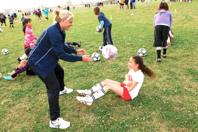 A coach does a drill with a soccer clinic participant during a past Child and Youth Services clinic. Sign-ups for this year's USAG Rheinland-Pfalz DFMWR Child and Youth Services sports clinics ends Aug. 23.
(Photo by Lance Cpl. Jose Lujano)