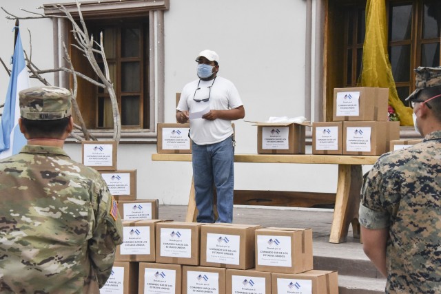 Mr. Nelson Mendoza, Mayor of Villa de San Antonio, a municipality in the department of La Paz, Honduras, gives remarks during a small ceremony where Joint Task Force-Bravo provided personal protective equipment for the Emergency Committee of the...