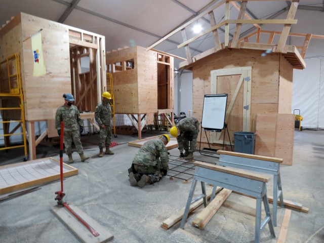 First 12W Carpentry and Masonry Military Occupational Skills course at Fort Hunter Liggett TASS Training Center, California. The course has eight students and are operating as “bubble” to reduce risks of contracting COVID-19. They are learning...