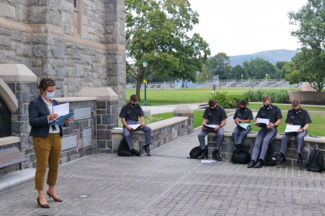 Colleen Eils teaches Writing Process and Pedagogy to cadets on the first day of class while taking advantage of an outdoor area at the U.S. Military Academy.