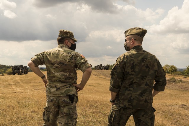 A Polish delegation, assigned to the 37th Air Defense Squadron, visits with U.S. Soldiers assigned to the 10th Army Air and Missile Defense Command on August 4, 2020 in Baumholder, Germany. The purpose of the visit was to familiarize the Polish soldiers with the patriot missile system and the Table VIII Gunnery qualification.
