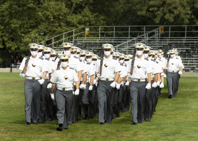 Members of the U.S. Military Academy Class of 2024 march during the Acceptance Day Parade before they file into their academic year companies.