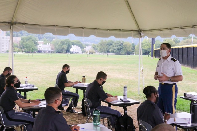 Maj. John Morrow teaches General Psycology to Leaders while taking advantage of one of the temporary outdoor classrooms built at the U.S. Military Academy. Monday marked the first day of class for the fall semester and the first time courses were taught in person since March.