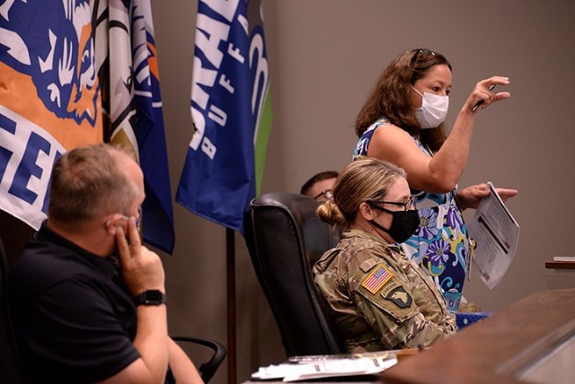 Tammy Robinett, chief of Public Health at Munson Army Health Center, explains the process of what to do when someone tests positive for COVID-19 according to Centers for Disease Control and Prevention guidelines during the Fort Leavenworth-Unified...
