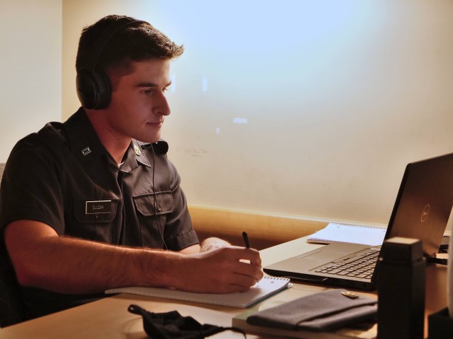 Class of 2022 Cadet Jacob Dluzak attends a remote class. Due to COVID-19, classes at West Point are being taught in person, remotely and in a hybrid format where some cadets attend in class and others tune in remotely. Photo by Class of 2022 Cadet Paul Tan