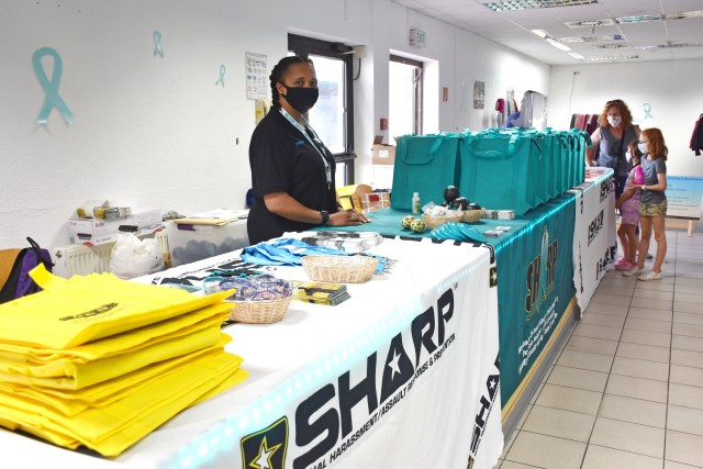 Sgt. 1st Class Darlene Coleman, 2nd Theater Signal Brigade sexual assault response coordinator, is part of the team that runs the Look SHARP Clothing Exchange Aug. 18-20 on Hainerberg. She answered questions about SHARP and enforced COVID-19...
