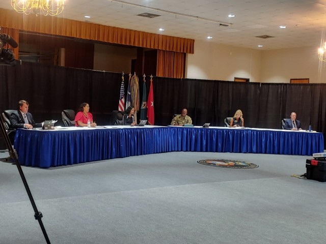 Representatives from the Department of Defense Education Activity, Richland School Districts 1 and 2 join Brig. Gen. Milford H. ‘Beags’ Beagle Jr, and other
post officials during the Return to School Town Hall Aug. 12. (Courtesy Photo)