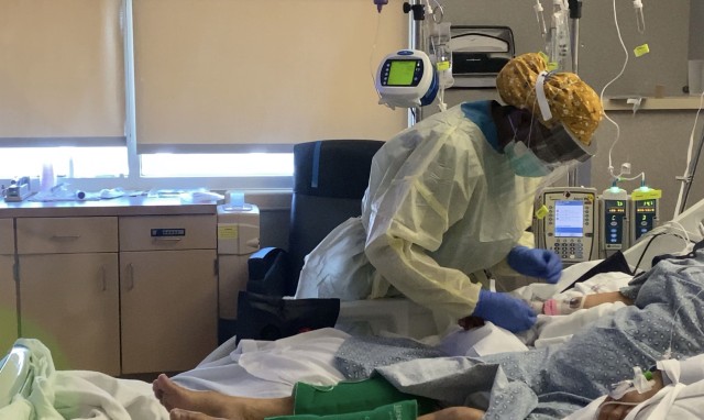 U.S. Air Force Capt. Raquel Dixon, registered nurse, COVID Theater Hospital-1, provides patient care at Community Regional Medical Center in Fresno, Calif., Aug. 4, 2020. U.S. Northern Command, through U.S. Army North, remains committed to...