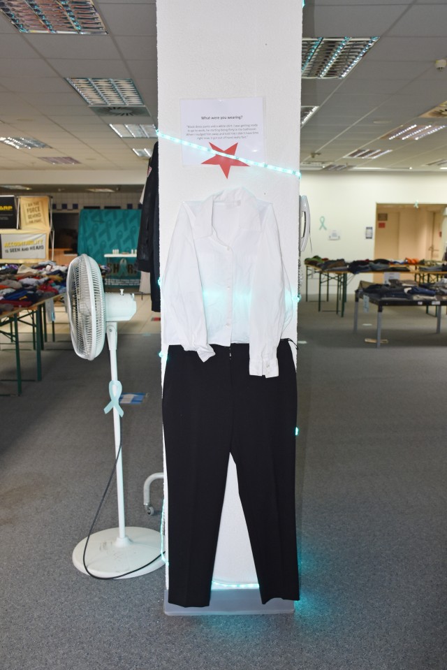 WIESBADEN, Germany -- Clothing similar to that worn by victims of sexual assault is on display during the Look SHARP Clothing Exchange Aug. 18-20 on Hainerberg to dispel the myth that sexual assault is about the clothes the victim was wearing.