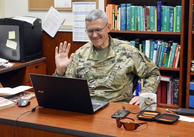 Chaplain (Maj.) Doug Ochner, deputy chaplain, U.S. Army Garrison Japan, waves farewell after presenting a Money Matters Virtual Marriage Workshop in his office at Camp Zama, Japan, Aug. 20. The Camp Zama Religious Support Office hosted the event,...