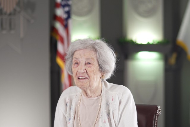 Regina Benson, 100, a former Army nurse who served in the Pacific Theater during World War II, is interviewed at the Pentagon for an upcoming video project, July 10, 2020.
