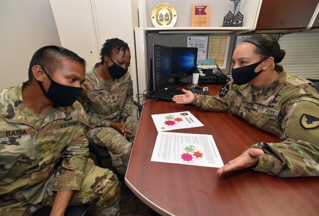 U.S. Army Medical Materiel Agency Sgt. Maj. Monnet Bushner, right, discusses the Army’s Project Inclusion initiative to promote diversity, equity and inclusivity. Pictured with Bushner is Staff Sgt. Shakina Lewis, USAMMA detachment sergeant, and Maj. Christopher Baisa, an operations officer for USAMMA, a direct reporting unit to Army Medical Logistics Command.