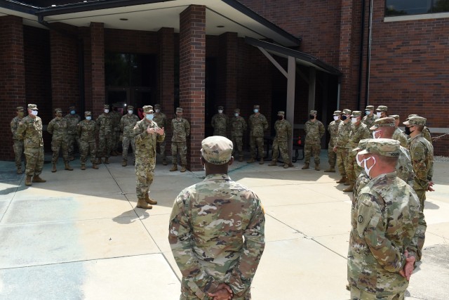 Brig. Gen. Ernest Litynski, commanding general of the 85th U.S. Army Reserve Support Command, meets with his observer coach/trainers, working under First Army’s 181st Multi-functional Training Brigade, during Operation Ready Warrior exercise, at...