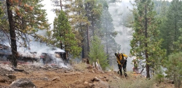 Devin Harris, Sierra Army Depot firefighter, helps create a break in the forestry in order to help prevent a wildfire near Susanville, Calif., mid-August 2020. Harris is one of several firefighters assigned to the Sierra Army Depot Fire &...