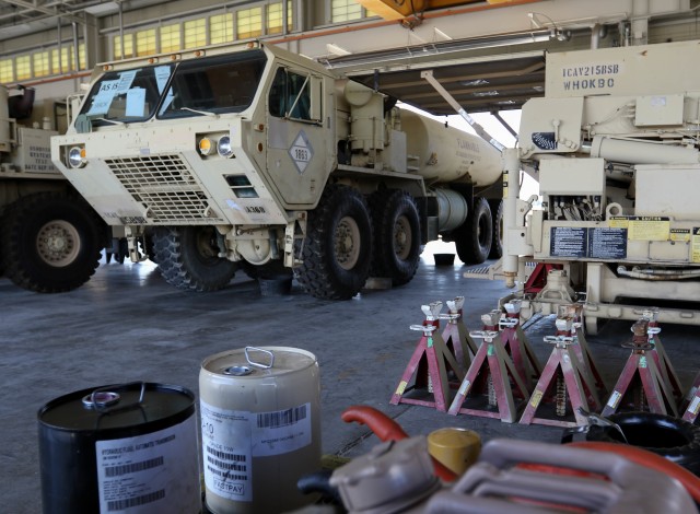 As part of Operation Pegasus Harvest, a M978A4 fuel servicing truck waits for departure in a motor pool July 30 on Fort Hood, TX. The operation focuses on reducing excess equipment and vehicles to minimize costs. (U.S. Army photo by Pvt. Brayton Daniel)