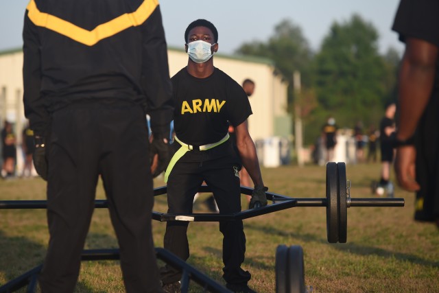An Army Reserve Soldier attempts the 3 Repetition Maximum Deadlift, one of six test events for the Army Combat Fitness Test, during Operation Ready Warrior exercise, at Fort McCoy, Wisconsin, August 23, 2020. ORW, led by the 78th Training Division, was the Army Reserve’s first collective small-scale training exercise since the start of COVID-19. The exercise was made up of partnerships from various units and organizations from the active and reserve component to include key support from the Fort McCoy Army installation that focused on COVID-19 mitigation efforts to bring Soldiers in safely to train.
(U.S. Army Reserve photo by Master Sgt. Anthony L. Taylor)