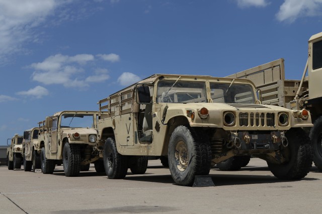 As part of Operation Pegasus Harvest, a line of Humvees (HMMWV) wait for departure in a motor pool July 30 on Fort Hood, TX. The operation focuses on reducing excess equipment and vehicles to minimize costs. (U.S. Army photo by Pvt. Brayton Daniel)