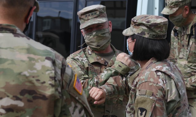 The Commanding General of the Army Materiel Command (AMC), Gen. Edward M. Daly greets Soldiers in the 1st Cavalry Division Sustainment Brigade’s Operation Pegasus Harvest motor pool at Fort Hood, TX, July 30. The operation targets equipment...