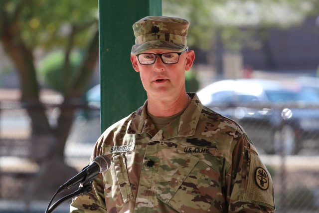 Lt. Col. John P. Samuel, incoming commander of Fort Bliss Soldier Recovery Unit, addresses the audience during a change of assumption and re-designation ceremony held at the SRU, July 21, 2020. (DOD Photo by Vincent Byrd)