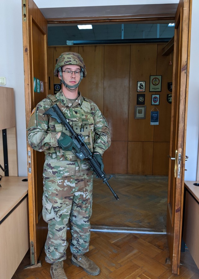 Spc. Cody Mull, of Mapleton, Illinois, holds his position during a force protection exercise at Combat Training Center-Yavoriv, Ukraine Aug. 21. (Photo by Cpl. Shaylin Quaid, JMTG-U Public Affairs)