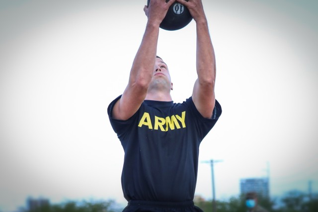 Sgt. Ryan Litwinsky, an infantryman with 100th Infantry Battalion, 442nd Infantry Regiment, 9th Mission Support Command, throws a medicine ball during an Army Combat Fitness Test as part of the US Army Pacific’s Best Warrior Competition on Aug....