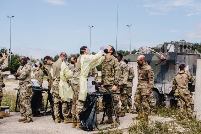 U.S. Army medic paratroopers assigned to 1st Battalion, 503rd Infantry Regiment, 173rd Airborne Brigade swab soldiers for COVID-19 during a 100% surveillance testing of the brigade in Hohenfels Training Area, Germany, Aug. 20, 2020 during Exercise Saber Junction 20.

The 173rd Airborne Brigade is the U.S. Army's Contingency Response Force in Europe, providing rapidly deployable forces to the United States Europe, Africa and Central Command areas of responsibility. Forward deployed across Italy and Germany, the brigade routinely trains alongside NATO allies and partners to build partnerships and strengthen the alliance.

(U.S. Army photo by Spc. Ryan Lucas)