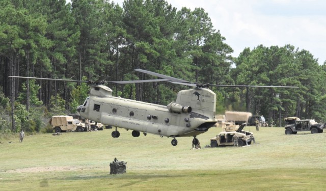 Soldiers with 2nd Brigade Combat Team, 101st Airborne Division (Air Assault) practice sling load operations at Fort Polk’s Self Army Airfield prior to air assault operations Aug. 17.