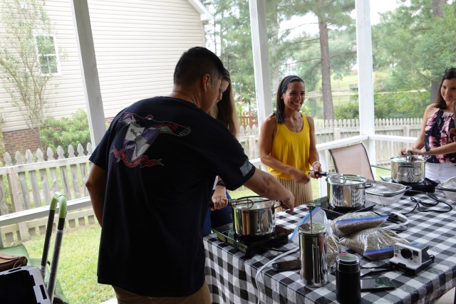 Family members of the 98th Civil Affairs Battalion, 95th Civil Affairs Brigade, Special Operations, Airborne, roast coffee beans at a Roast 4 Soldiers event hosted by Chaplain (Capt.) Jueun Kim of the 98th Civil Affairs Battalion on Aug. 22, 2020....