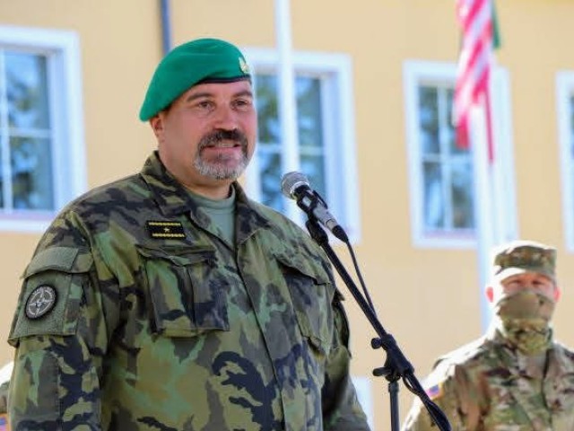 Multinational Division North East's new Deputy Commander, Czech Army Brig. Gen. Pavel Lipka spoke at his welcome ceremony at the Division headquarters in Elblag, Poland on Thursday, Aug. 6, 2020.