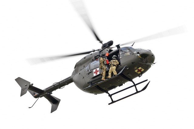 Louisiana National Guard members from the Det 1, Delta Company, 2-151st Aviation Regiment conduct recertification training on an LUH-72 Lakota hoist system at Hammond Regional Airport Aug. 25, 2020. The Guard is preparing to respond to Hurricane...