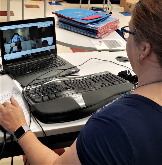 Patricia Cleveland, 3rd grade teacher with C.C. Pinckney Elementary interacts with her students during their first day of virtual school on Aug. 24.  Students attending schools on Fort Jack-son will attend school virtually for the 2020-21 school...