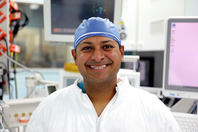 Maj. (Dr.) Neel Shah, an anesthesiologist at Landstuhl Regional Medical Center, poses for a photo.