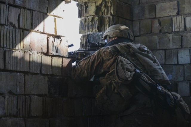 Soldiers with 1st Battalion, 8th Cavalry Regiment, 2nd Armored Brigade Combat Team train to clear a town alongside Hungarian Armed Forces during Hawk Strike in Hungary on March 5, 2020. Hawk Strike allows units to conduct movements in a realistic,...