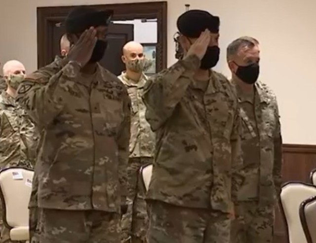 Brig. Gen. Milford H. ‘Beags’ Beagle Jr., Fort Jackson commander, and Col. Michael Larsen, deputy commanding officer, salute during a welcome ceremony. The ceremony was the first of its kind on Fort Jackson. (Screenshot)